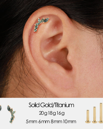 14K Solid Gold Marquise Moss Agate Stud Earring Threadless Flat Back Stud