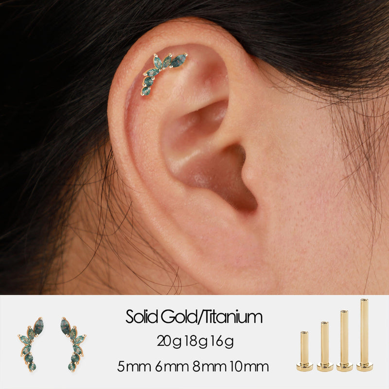 14K Solid Gold Marquise Moss Agate Stud Earring Threadless Flat Back Stud