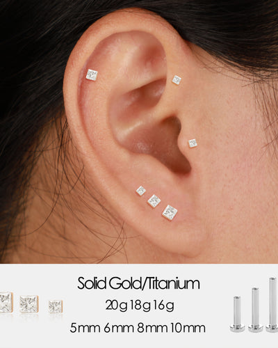 14K White Gold Invisible Princess Lab Diamond Screw Back Flat Stud Earring