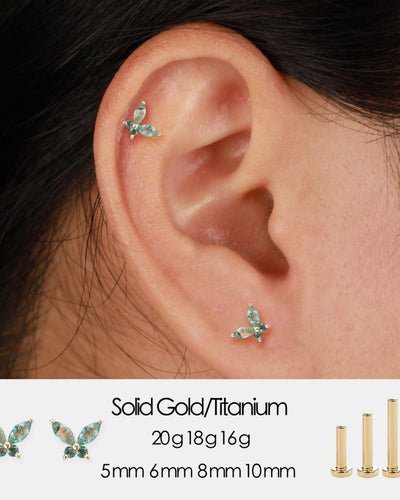 14K Solid Gold Marquise Moss Agate Butterfly Threadless Flat Back Earring