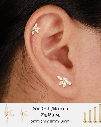 14K Solid Gold Marquise Lab Diamond Threadless Helix Flat Back Earring