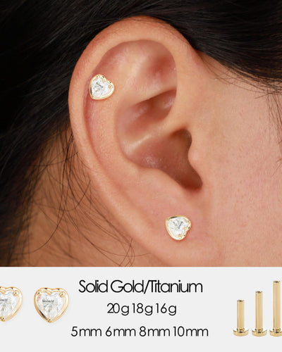 14K Solid Gold Heart Lab Diamond Stud, Threadless Flat Back Earrings for Cartilage, Conch, Earlobes