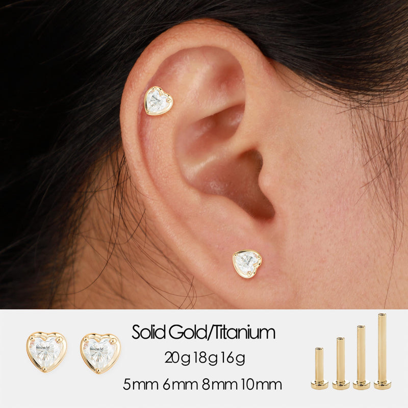 14K Solid Gold Heart Lab Diamond Stud, Threadless Flat Back Earrings for Cartilage, Conch, Earlobes