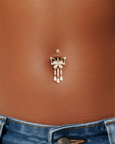 14G 14K Solid Gold Pear Lab Diamond Butterfly Dangle Belly Button Jewelry