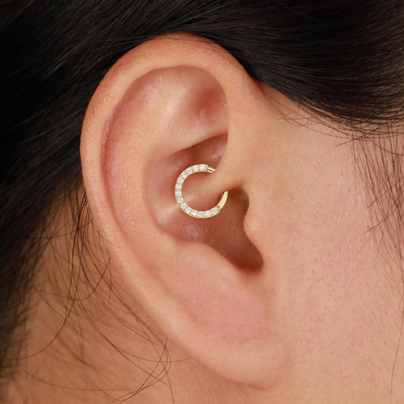 14K Solid Gold Lab Diamond Daith Septum Hoop  Hinged Seamless Clicker 16G