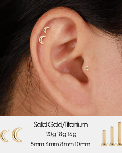 14K Solid Gold Crescent Threadless Cartilage Flat Back Stud Earring