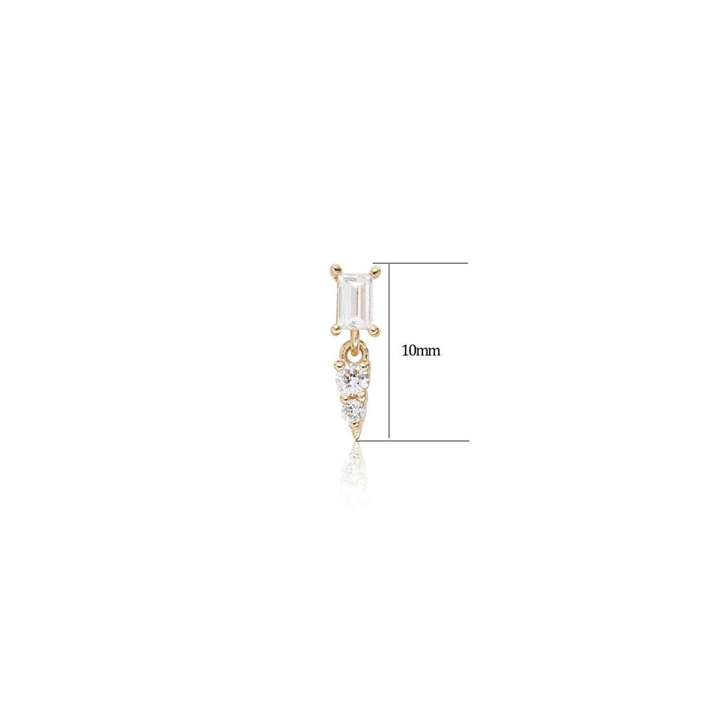 worn on model - 14K solid gold baguette-cut lab diamond dangle earring 20g nickel-free
