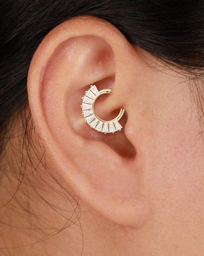 14K Solid Gold Baguette Lab Diamond Daith Clicker Hoop Earring Hinged Septum Ring 18G/16G