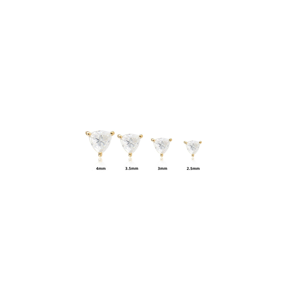 worn on model - 14K solid gold triangle lab diamond flat back stud earring threadless design nickel-free