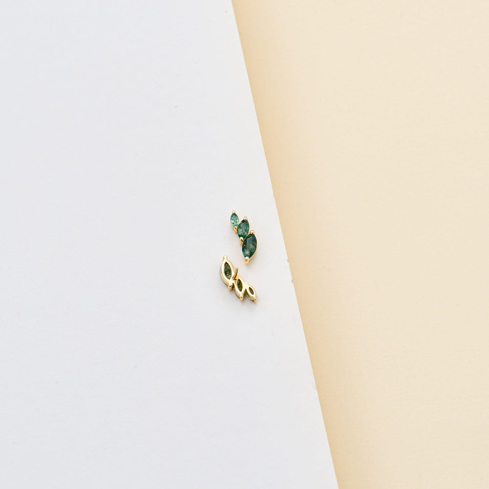 side angle of 14K solid gold marquise-cut moss agate for cartilage piercing flat back stud earring nickel-free