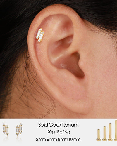 14K Solid Gold Baguette Lab Diamond Flat Back Stud Earring