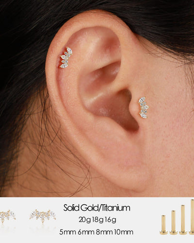 14K Solid Gold Marquise Lab Diamond Cartilage Flat Back Stud Earring 20G 18G 16G