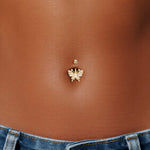 14K Gold Butterfly Belly Ring, Lab Diamond Navel Jewelry, 14G
