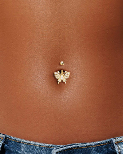 14K Gold Butterfly Belly Ring, Lab Diamond Navel Jewelry, 14G