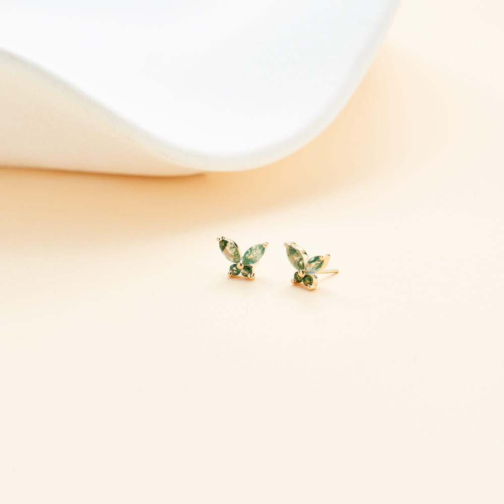 additional perspective of 14K solid gold marquise-cut moss agate butterfly flat back stud earring threadless design nickel...