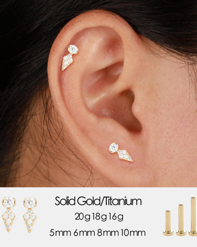 14K Solid Gold Lab Diamond Cartilage Flat Back Earring: Threadless Push Pin Stud