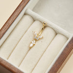 14K Solid Gold Round Lab Diamond Bar bell Dangle Belly Button Ring