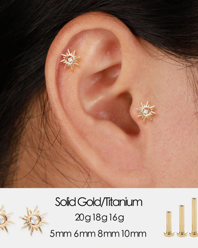 14K Solid Gold Lab Diamond Sun Cartilage Flat Back Stud Earring