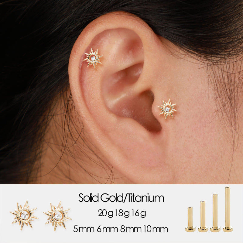 14K Solid Gold Lab Diamond Sun Cartilage Flat Back Stud Earring