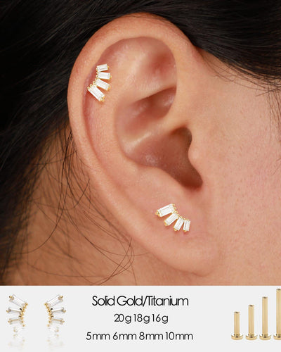 14K Solid Gold Baguette Lab Diamond Helix Earring: Threadless Flat Back Stud