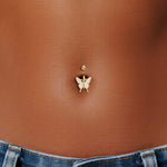 14K Gold Butterfly Belly Ring, Lab Diamond Navel Jewelry, 14G