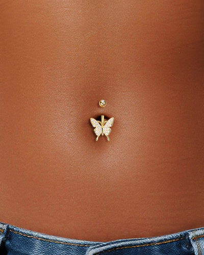 14K Gold Butterfly Belly Ring, Lab Diamond Navel Jewelry, 14G