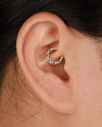 14K Solid Gold Moss Agate Stars Daith Clicker Hoop Earring Hinged Seamless Septum Ring