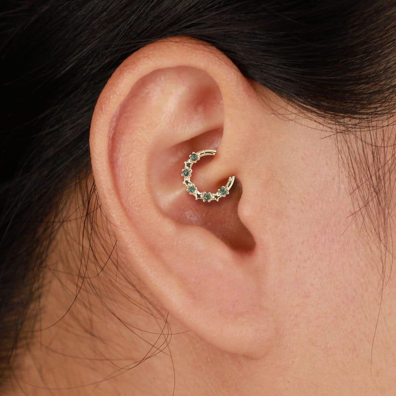 14K Solid Gold Moss Agate Stars Daith Clicker Hoop Earring Hinged Seamless Septum Ring