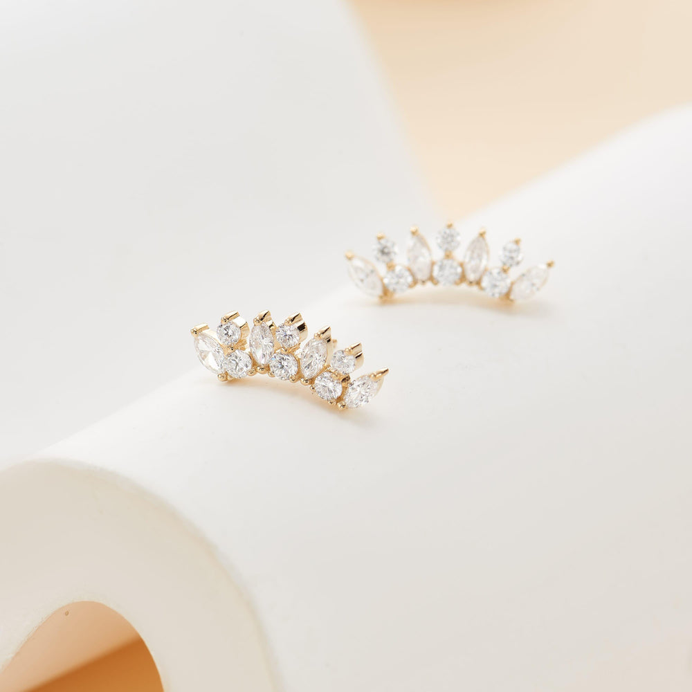 product angle view of 14K solid gold lab diamond fan-shaped for helix conch cartilage piercing flat back stud earring thre...