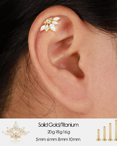 14K Gold Lab Diamond Lotus Cartilage Earring: Threadless Flat Back Stud