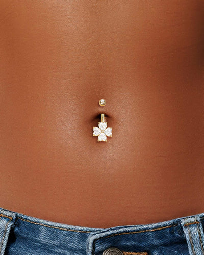 14K Solid Gold Heart Lab Diamond Floral Barbell Belly Button Jewelry 14G