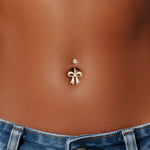 14K Solid Gold Lab Diamond Ribbon Barbell Belly Button Jewelry 14G
