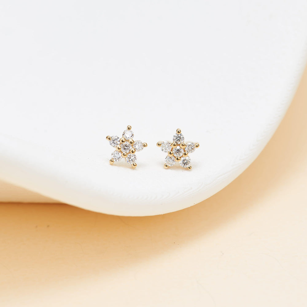 additional perspective of 14K solid gold lab diamond floral flat back stud earring push pin design 20g nickel-free
