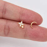 14K Gold Star & Moon Lab Diamond Cartilage Stud Earring Threadless Push Pin