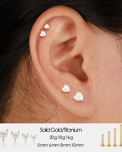 2.5-5mm Heart Lab Diamond Threadless Cartilage Flat Back Stud Earring in 14K Solid Gold