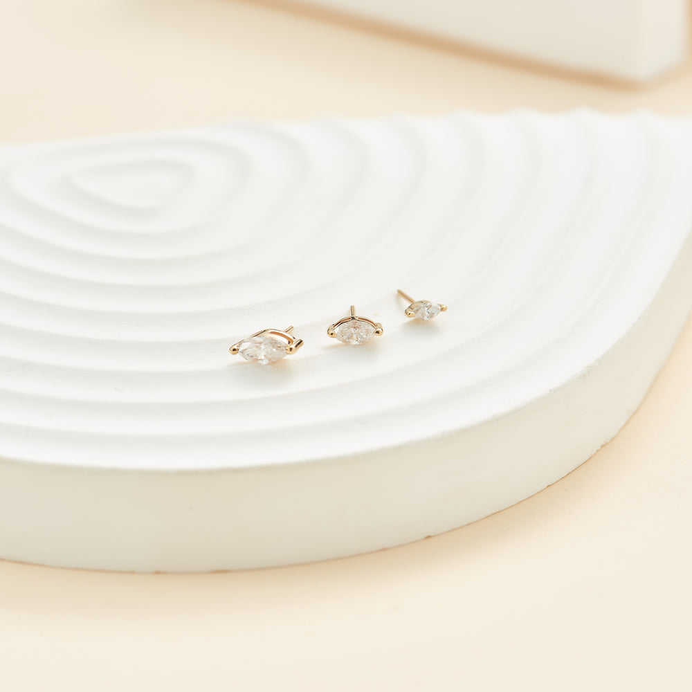 side angle of 14K solid gold marquise-cut lab diamond flat back stud earring threadless design nickel-free
