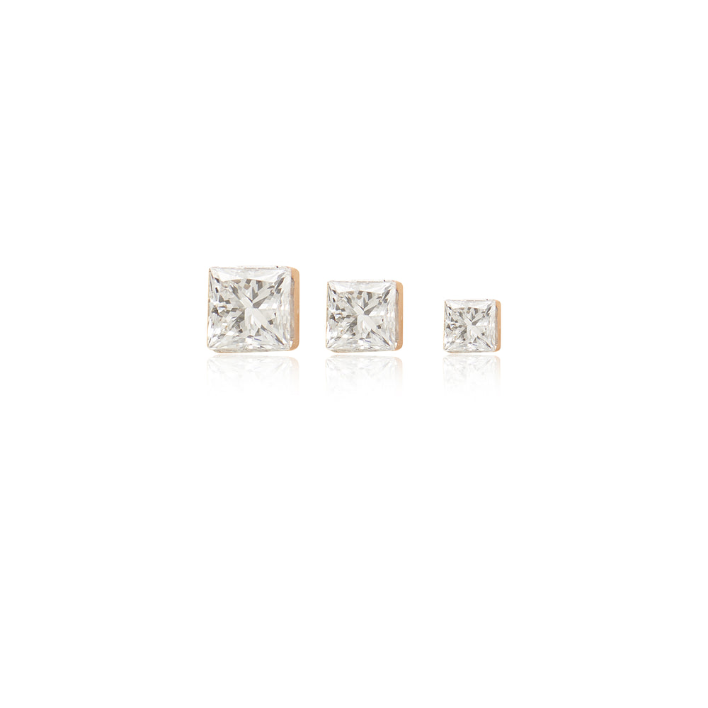 product angle view of 14K white gold princess-cut lab diamond flat back stud earring screw back design nickel-free