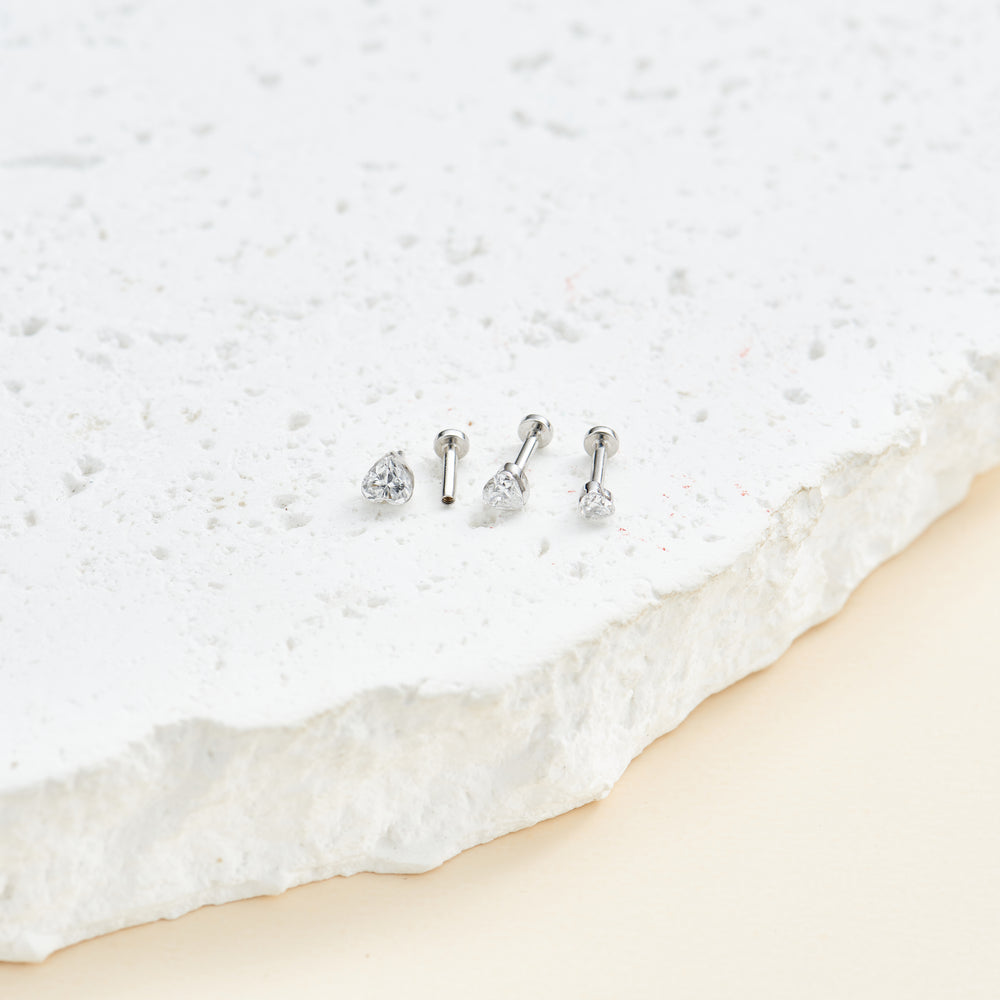 side angle of 14K solid gold lab diamond heart-shaped for helix conch cartilage piercing flat back stud earring internal t...