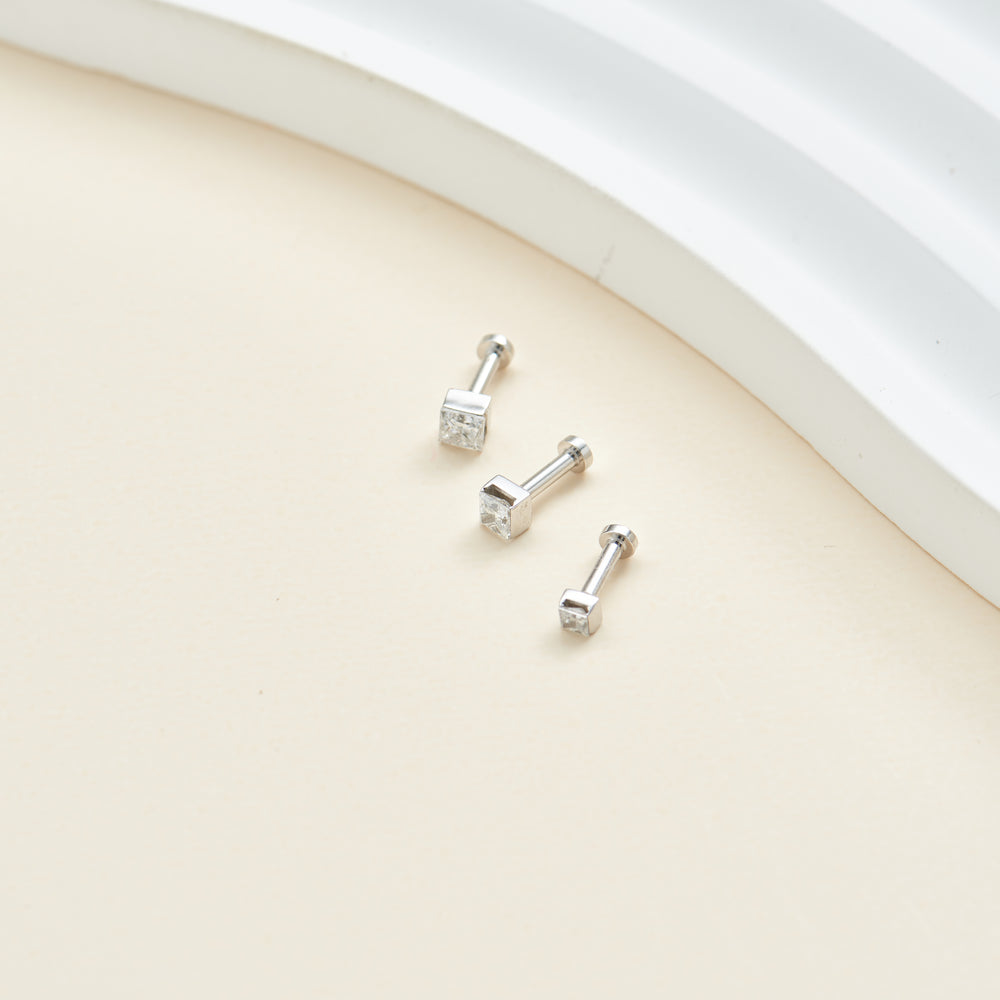 worn on model - 14K white gold princess-cut lab diamond flat back stud earring screw back design nickel-free