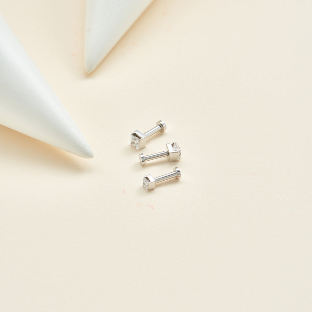 back view of 14K white gold princess-cut lab diamond flat back stud earring screw back design nickel-free