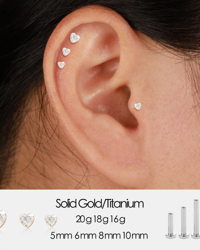 14K Solid Gold Invisible Set Heart Lab Diamond Internal Threaded Helix Conch Cartilage Stud