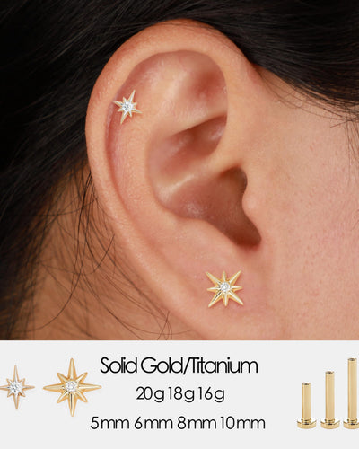 14K Solid Gold Lab Diamond Star Cartilage Threadless Flat Back Earring