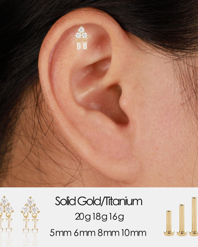 14K Solid Gold Baguette Lab Diamond Dangle Cartilage Flat Back Earring