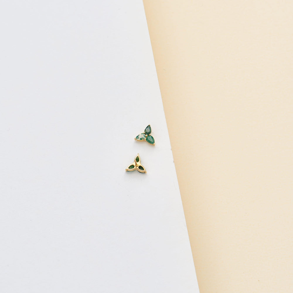 side angle of 14K solid gold pear-cut moss agate flat back stud earring threadless design nickel-free