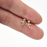 14K Solid Gold Lab Diamond Dangle Bow Tie Threadless Flat Back Earring