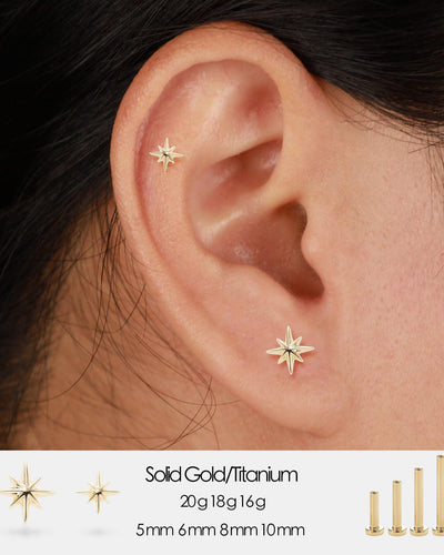 14K Solid Gold Starburst Earring, Threadless Push Pin Flat Back Stud
