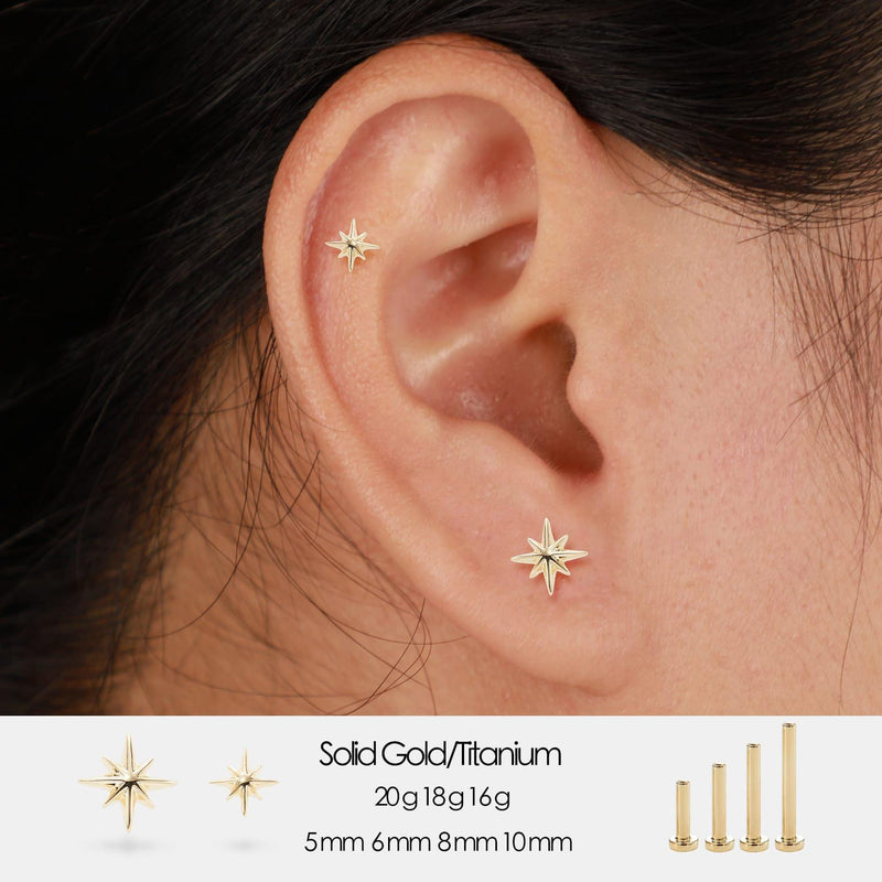 14K Solid Gold Starburst Earring, Threadless Push Pin Flat Back Stud