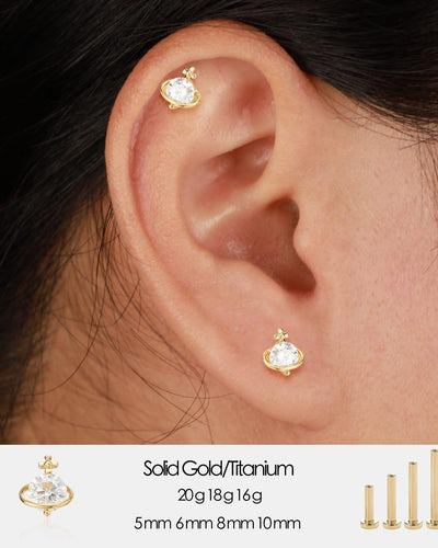 14K Solid Gold Lab Diamond Saturn Threadless Cartilage Flat Back Stud Earring