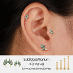14K Solid Gold Moss Agate Marquise Leaf Threadless Cartilage Flat Back Earring