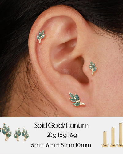 14K Solid Gold Moss Agate Marquise Leaf Threadless Cartilage Flat Back Earring